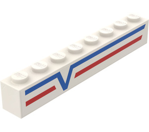 LEGO White Brick 1 x 8 with Blue -V- and Red Lines Left Sticker (3008)