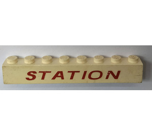 LEGO White Brick 1 x 8 with "STATION" without Bottom Tubes with Cross Support
