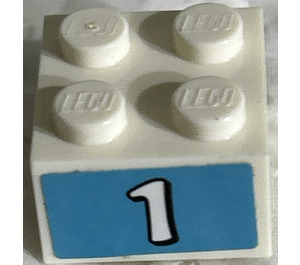 LEGO hvid Klods 2 x 2 med "1" på Medium Azure Background Klistermærke (3003)