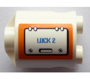 LEGO White Brick 2 x 2 x 2 Round with 'LOCK 2' on right side Sticker with Bottom Axle Holder 'x' Shape '+' Orientation (30361)