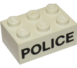 LEGO hvid Klods 2 x 3 med Sort "Politi" Sans-Serif (Tidligere uden krydsstøtte) (3002)