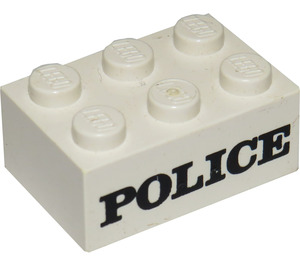 LEGO White Brick 2 x 3 with Embossed Black 'POLICE' Serif Bold Pattern (Earlier, without Cross Supports) (3002)