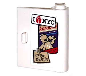 LEGO Blanc Porte 1 x 3 x 3 Droite avec ‘I 'Brique' NYC’, ‘karaoke’, et ‘CRÈME BRÛLÉE’ Autocollant avec charnière creuse (60657)