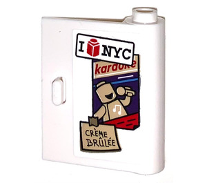 LEGO blanc Porte 1 x 3 x 3 Droite avec ‘I 'Brique' NYC’, ‘karaoke’, et ‘CRÈME BRÛLÉE’ Autocollant avec charnière creuse (60657)