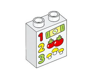 LEGO White Duplo Brick 1 x 2 x 2 with 1 2 3 Tomato and Mushrooms with Bottom Tube (15847 / 104377)
