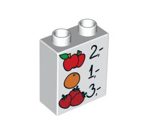 LEGO Duplo White Brick 1 x 2 x 2 with Apples 2 Orange 1 Strawberries 3 without Bottom Tube (4066 / 93586)