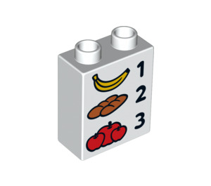 LEGO White Duplo Brick 1 x 2 x 2 with Banana 1 Bread 2 Apples 3 without Bottom Tube (4066 / 15964)