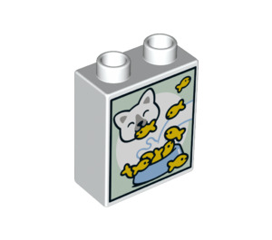 LEGO White Duplo Brick 1 x 2 x 2 with Cat Eating Fish with Bottom Tube (15847 / 81375)
