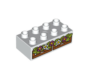 LEGO White Duplo Brick 2 x 4 with Flowers on Wooden Fence (3011 / 36602)