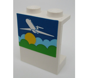 LEGO White Panel 1 x 2 x 2 with Airplane above Sun & Clouds Sticker without Side Supports, Solid Studs (4864)