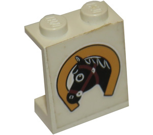 LEGO White Panel 1 x 2 x 2 with black horse head in horseshoe Sticker without Side Supports, Solid Studs (4864)