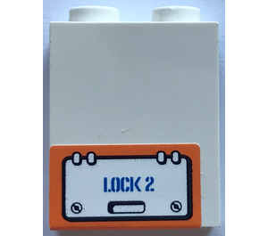 LEGO Weiß Panel 1 x 2 x 2 mit "LOCK 2" Aufkleber mit Seitenstützen, Hohlbolzen (6268)