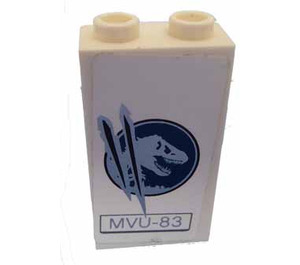 LEGO White Panel 1 x 2 x 3 with MVU-83 and Jurassic World Logo (With Claw Marks) Sticker with Side Supports - Hollow Studs (35340)