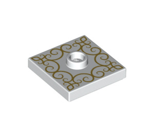 LEGO White Plate 2 x 2 with Groove and 1 Center Stud with Gold swirl pattern (23893 / 66509)