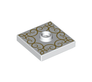 LEGO hvid Plade 2 x 2 med rille og 1 Centrum Stud med Gold swirl Mønster (23893 / 66509)