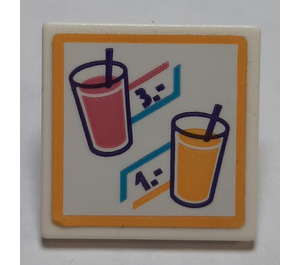 LEGO White Roadsign Clip-on 2 x 2 Square with pink and orange drinks with prices Sticker with Open 'O' Clip (15210)