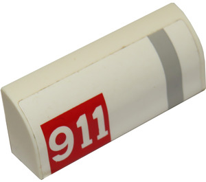 LEGO White Slope 1 x 4 Curved with '911' in Red Rectangle and Gray Stripe Sticker (6191)