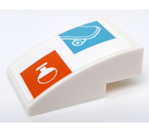 LEGO White Slope 2 x 3 Curved with Flask in Orange Square and Skateboard in Dark Azure Square Sticker (24309)