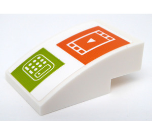 LEGO White Slope 2 x 3 Curved with Video in Orange Square and Calculator in Lime Square Sticker (24309)