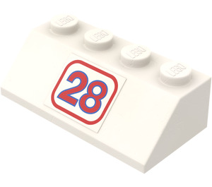 LEGO White Slope 2 x 4 (45°) with '28' Sticker with Rough Surface (3037)