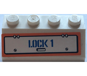 LEGO Bílá Sklon 2 x 4 (45°) s "LOCK 1" Samolepka s drsným povrchem (3037)