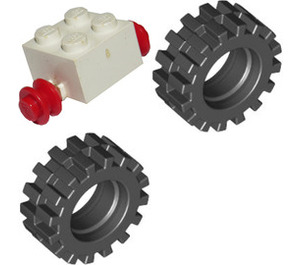 LEGO White Small Tire with Offset Tread (without Band Around Center of Tread) with Brick 2 x 2 with Red Single Wheels