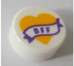 LEGO White Tile 1 x 1 Round with BFF on Bright Light Orange Heart (35380)