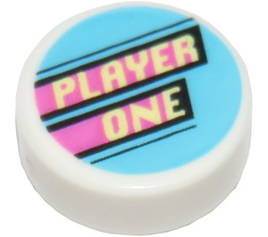 LEGO White Tile 1 x 1 Round with 'PLAYER ONE' and Dark Pink Stripes (35380)