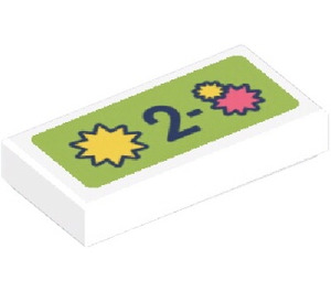 LEGO White Tile 1 x 2 with ‘2-‘ and Three Stars on Lime Green Sticker with Groove (3069)