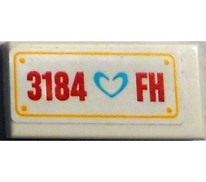 LEGO White Tile 1 x 2 with 3184 FH and Heart Sticker with Groove (3069 / 30070)