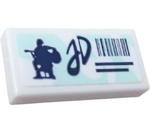 LEGO White Tile 1 x 2 with Barcode, Guitar Player and 'JD' Sticker with Groove (3069)
