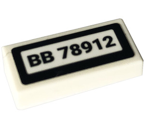 LEGO White Tile 1 x 2 with 'BB 78912' Sticker with Groove (3069)