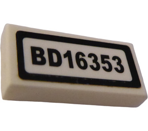 LEGO White Tile 1 x 2 with "BD16353" Sticker with Groove (3069)