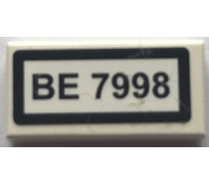 LEGO White Tile 1 x 2 with "BE 7998" Sticker with Groove (3069)