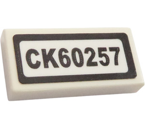 LEGO White Tile 1 x 2 with 'CK60257' Sticker with Groove (3069)