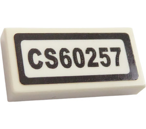 LEGO White Tile 1 x 2 with 'CS60257' Sticker with Groove (3069)