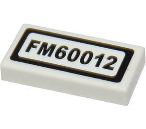 LEGO White Tile 1 x 2 with "FM60012" Sticker with Groove (3069)