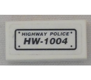 LEGO White Tile 1 x 2 with 'HIGHWAY POLICE' and 'HW-1004' Sticker with Groove (3069)