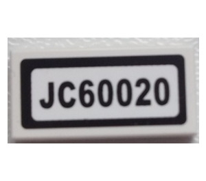 LEGO White Tile 1 x 2 with 'JC60020' Sticker with Groove (3069)