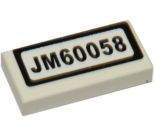 LEGO White Tile 1 x 2 with "JM60058" Sticker with Groove (3069)