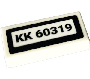 LEGO White Tile 1 x 2 with 'KK 60319' Sticker with Groove (3069)
