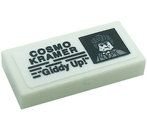 LEGO White Tile 1 x 2 with Minifigure Photo, 'COSMO KRAMER', and '"Giddy Up!"' Sticker with Groove (3069)