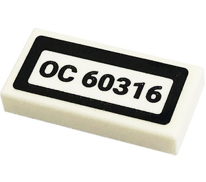 LEGO White Tile 1 x 2 with 'OC 60316' Sticker with Groove (3069)