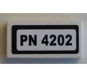 LEGO White Tile 1 x 2 with 'PN 4202' Sticker with Groove (3069)
