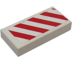 LEGO White Tile 1 x 2 with Red and White Danger Stripes Left Sticker with Groove (3069)