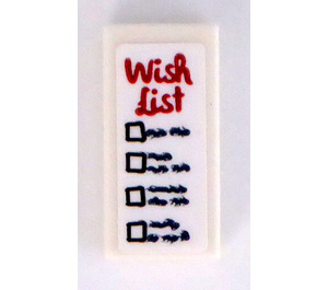 LEGO Weiß Fliese 1 x 2 mit rot 'Wish List' Aufkleber mit Nut (3069)