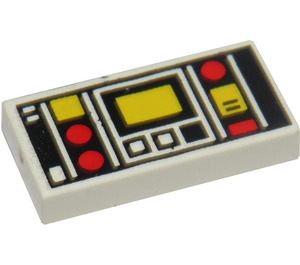 LEGO Weiß Fliese 1 x 2 mit rot & Gelb Controls mit Weiß Streifen Links upper Ecke mit Nut (3069)