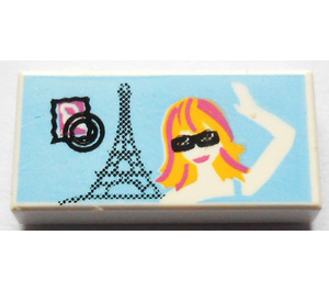 LEGO White Tile 1 x 2 with Stamp and Black Eifel Tower and Waving Girl with Groove (3069 / 48432)