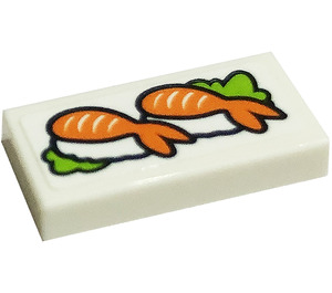 LEGO White Tile 1 x 2 with Sushi, Shrimp Sticker with Groove (3069)