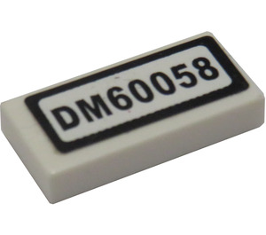 LEGO White Tile 1 x 2 with with "DM60058" Sticker with Groove (3069)